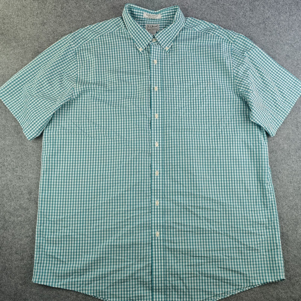 LL Bean Shirt Mens 2XL Tall 2XLT Blue Check Short Sleeve Button Down Cotton